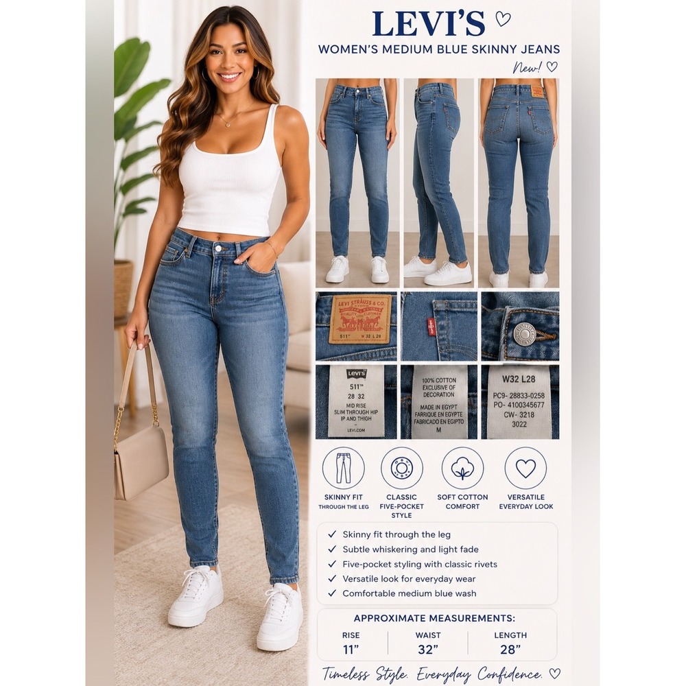 Levi's Women's Medium Blue‎ Skinny Jeans NEW 32x28